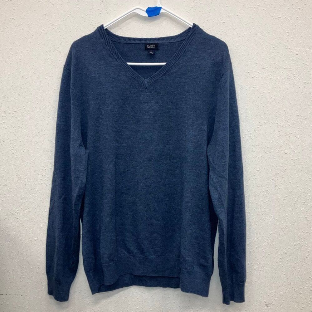 J. Crew Blue V-neck Tight Knit Sweater 100% merino wool Large #712